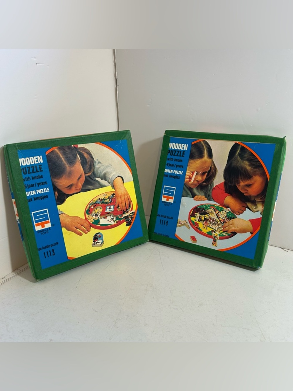Vintage simplex toys wooden children’s kids puzzles with handles - set of two